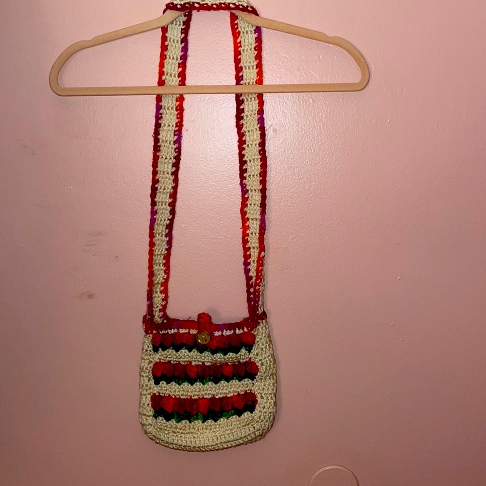 Hand-made knitted crochet cross-body bag.